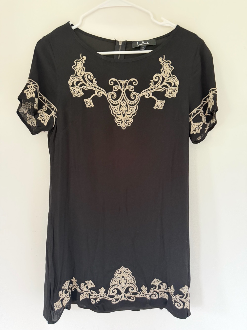 Lulus Black Mini Dress with Cream Embroidered Detail